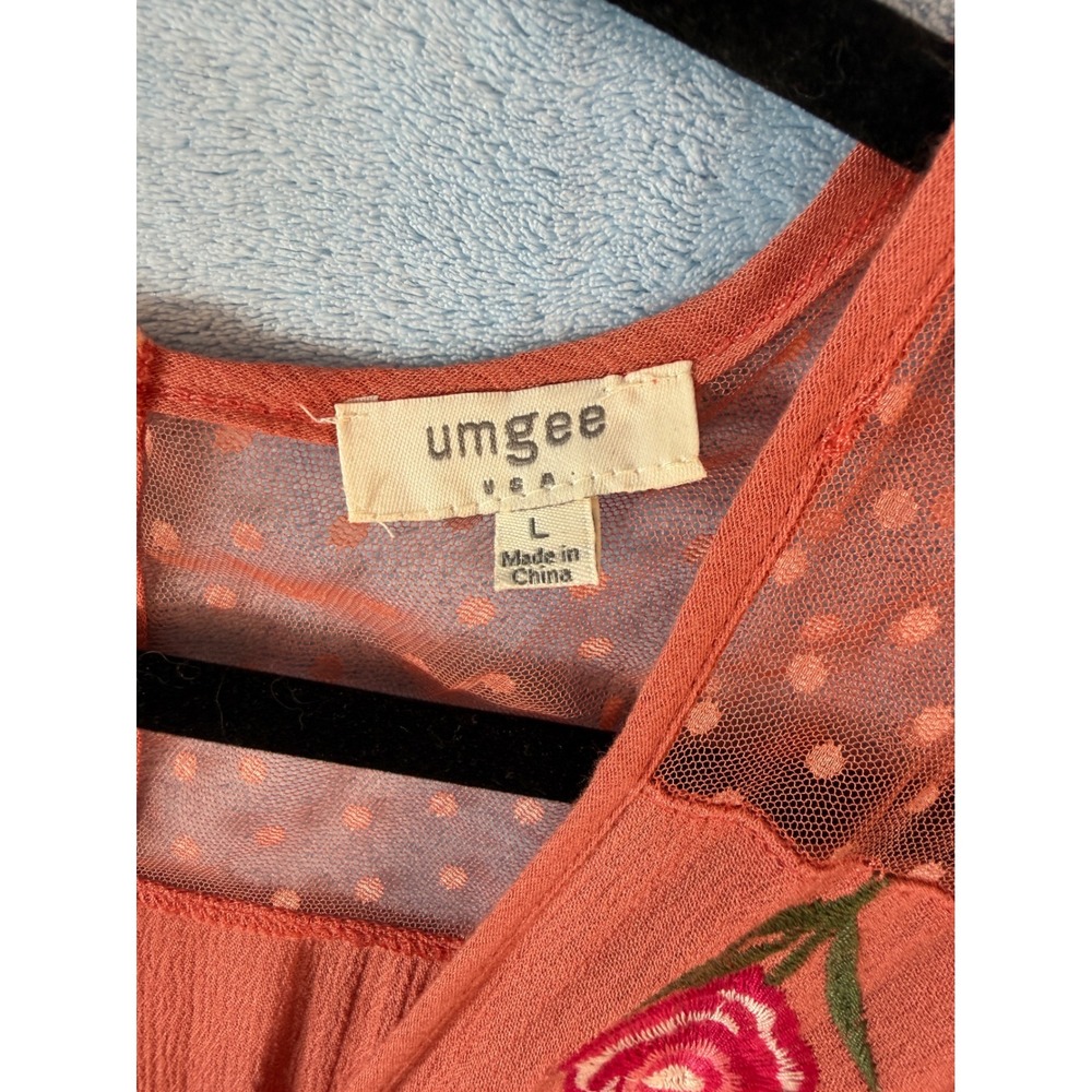 Umgee Coral Embroidered Mesh Sleeve Boho Babydoll Tunic Top Size Large - Picture 7 of 11
